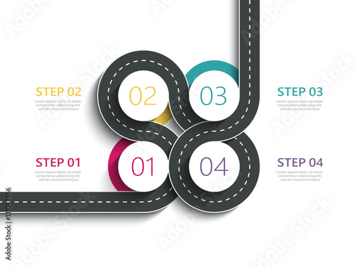 Winding road way location infographic template with a phased structure. Business circle template with options for brochure, diagram, workflow, timeline, web design. Vector EPS 10