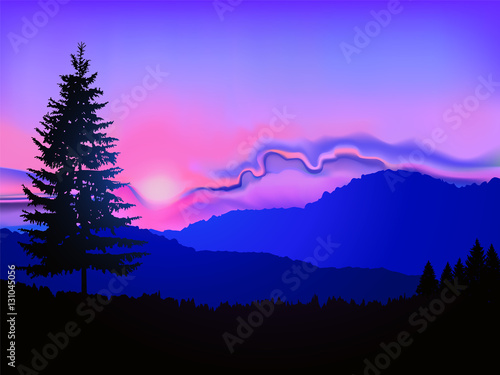 North american landscape. Silhouette of coniferous trees on the background of mountains and abstract sky. Pink and blue tones. Sunset.