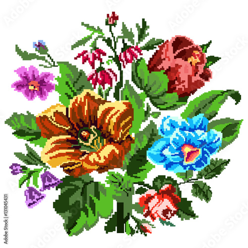 Color bouquet of wildflowers (lilia, bellflower, barberry flower and cornflowers)  using traditional Ukrainian embroidery elements. Can be used as pixel-art.