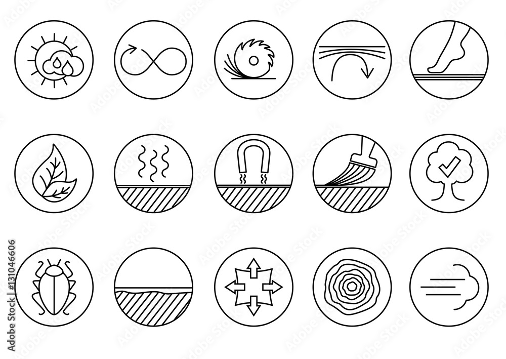 Wood properties icons. Vector thine line icon set. Circles.