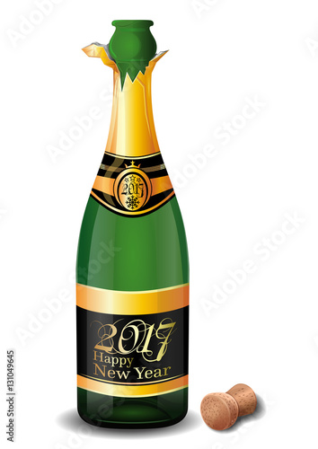Champagne 2017. Uncorked a bottle of champagne with the inscription on the label - Happy New Year 2017. Vector illustration isolated on white background
