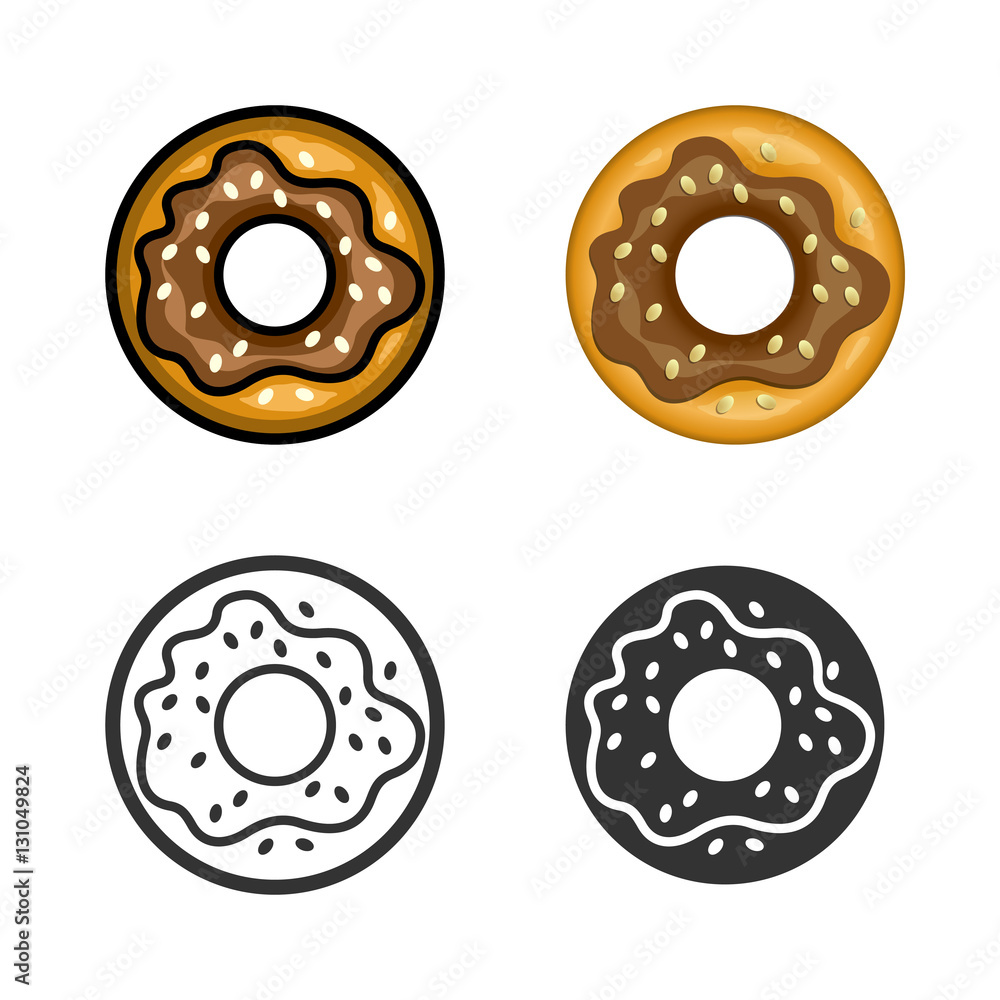 Obraz premium Donut vector cartoon, colored, contour and silhouette styles icon set. Tasty fast food unhealthy meal. Isolated dishes on white background.