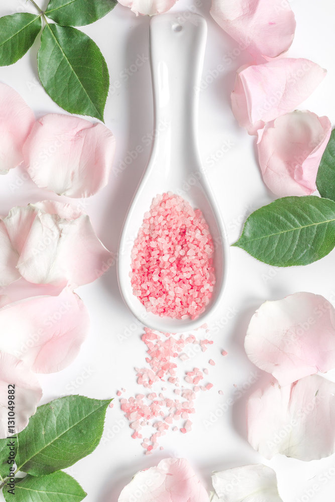organic cosmetic with rose oil on white background top view organic cosmetic with rose oil on white background top view