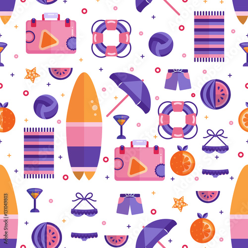 Beach summer flat seamless pattern. Surfboard, Suitcase, orange and watermelon fruit slices, starfish, lifebuoy, book, beach towel, swimsuit and coctail, umbrella. Travel kit flat lay
