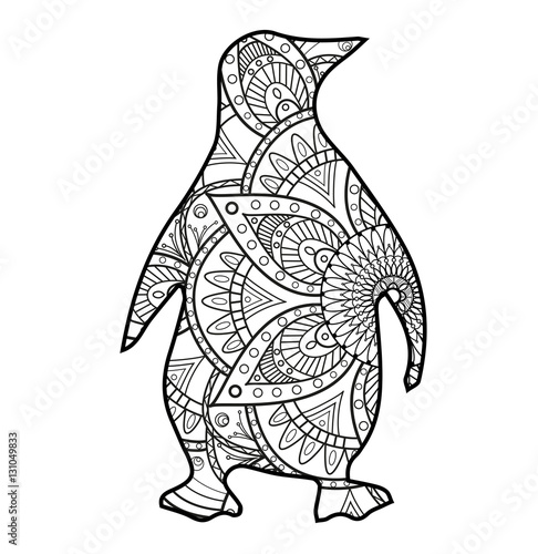 Vector illustration of a black and white mandala pinguin for coloring book, pinguino mandala in bianco e nero da colorare