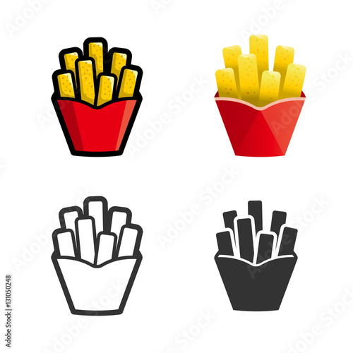 French fries vector cartoon, colored, contour and silhouette styles icon set. Tasty fast food unhealthy meal. Isolated dishes on white background.