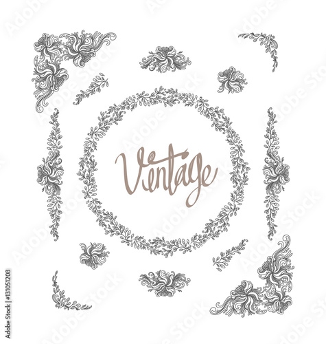 Hand drawn vintage ivy frame and decorative elements