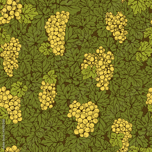 Hand drawn seamless pattern grape background. Green leaves, yellow bunches