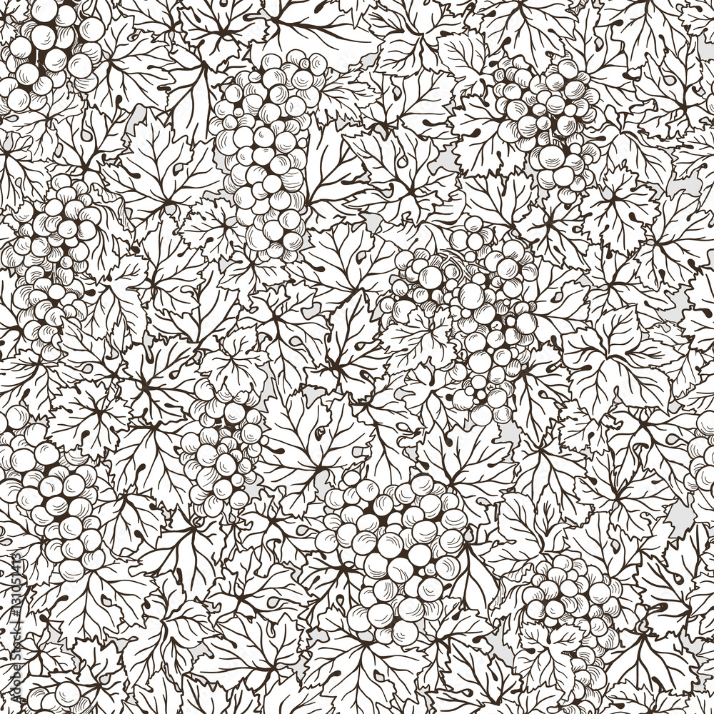 Hand drawn seamless pattern grape background. Black white line leaves