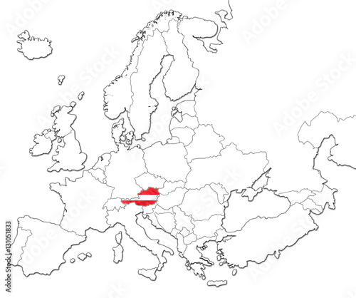 The national Austria flag in the map of Europe isolated on white background.