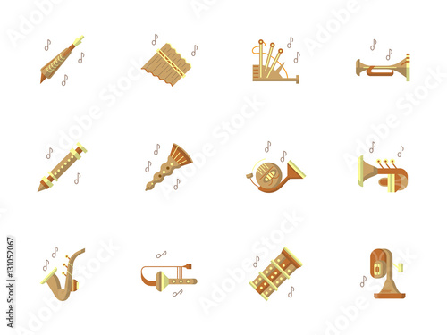 Music instruments flat color vector icons set