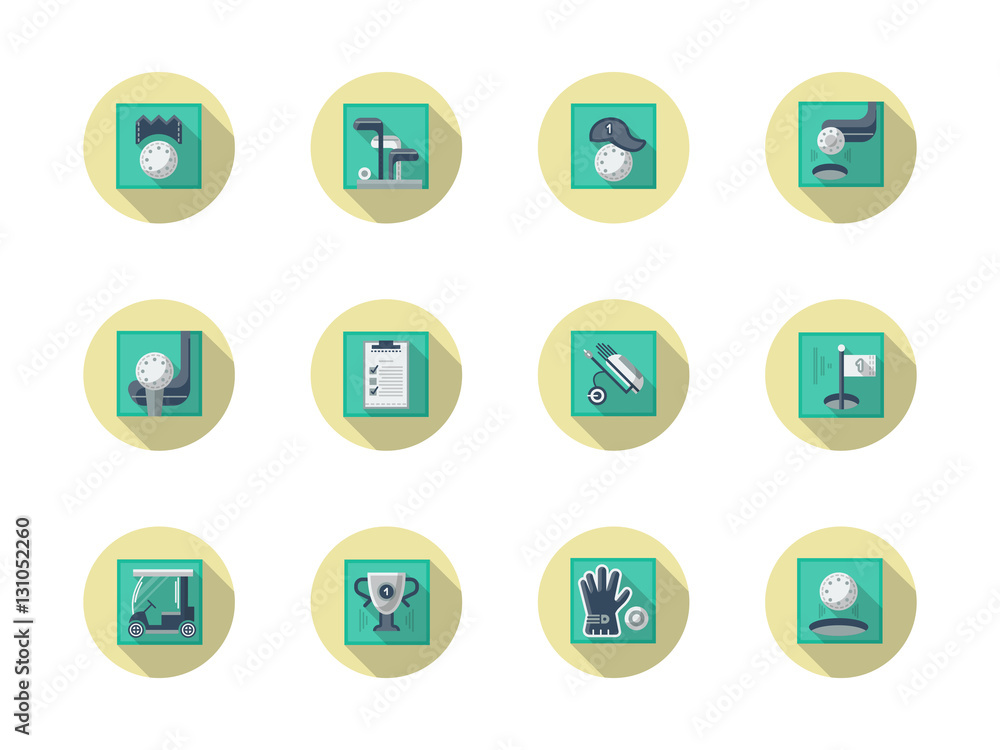 Golfing round flat color vector icons set