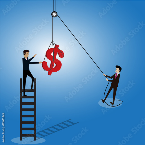Businessman try to bring money from a rope