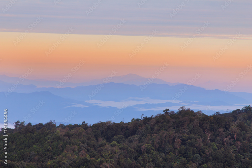 Beautiful scenery during time the sunrise view from top of Doi Pha Phung at Nan province in Thailand is a very popular for photographers and tourists. Attractions and natural Concept