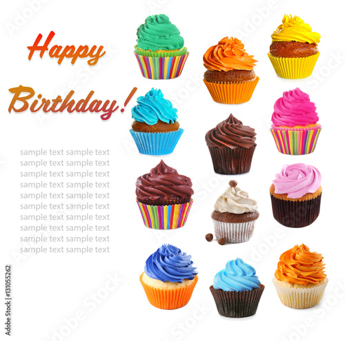 Set of delicious cupcakes with text HAPPY BIRTHDAY on white background