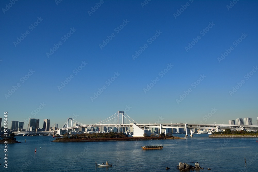 東京湾のレインボーブリッジと東京タワー