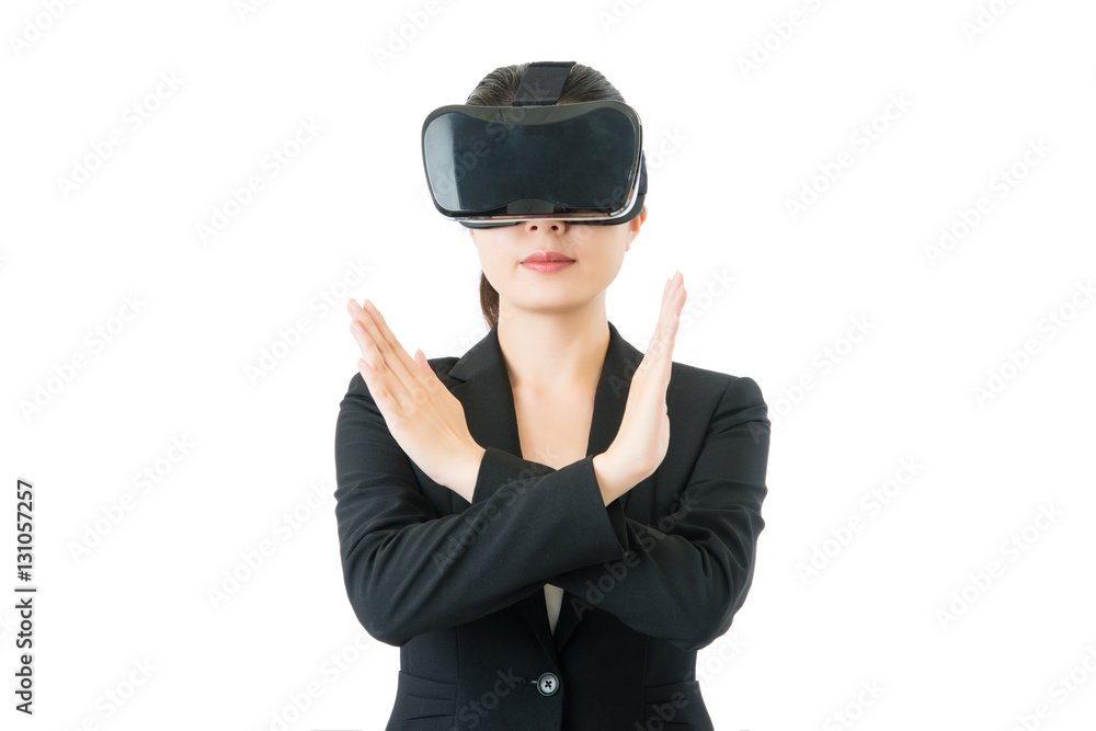 asian business woman. reject sign by VR headset glasses asian business woman. reject sign by VR headset glasses
