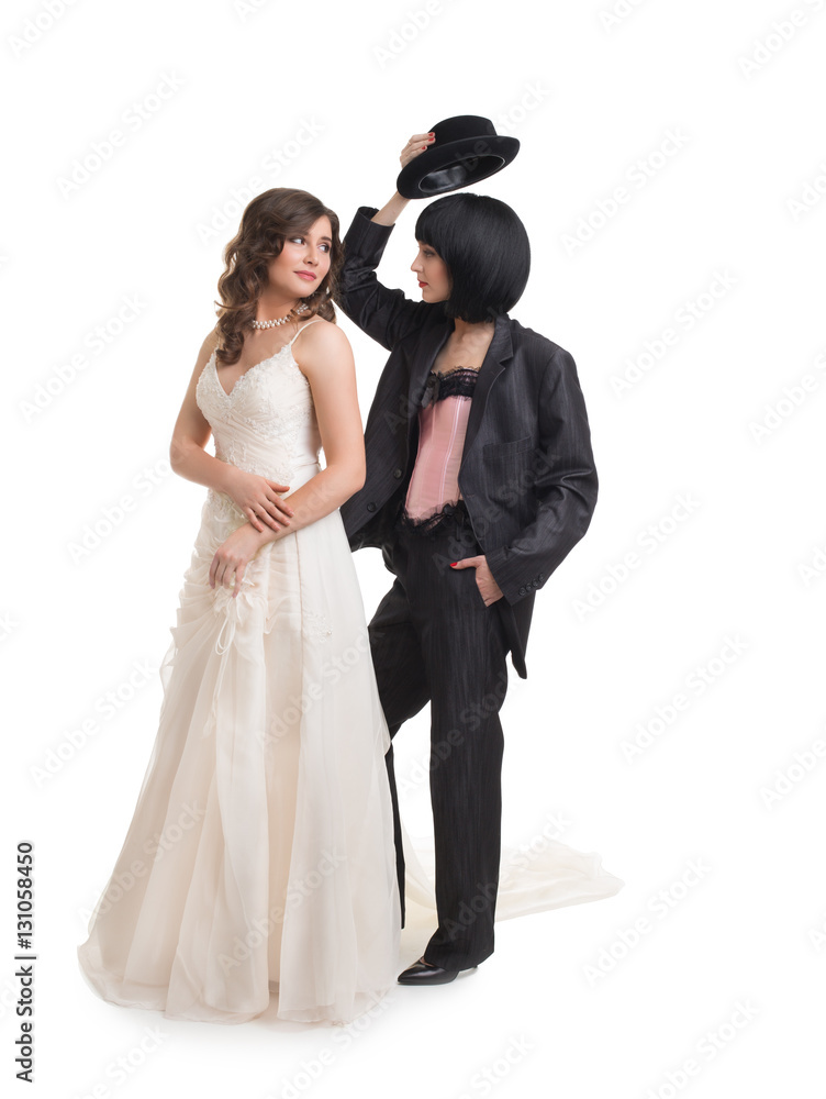 Wedding shoot of female gay couple, isolated on white Wedding shoot of female gay couple, isolated on white