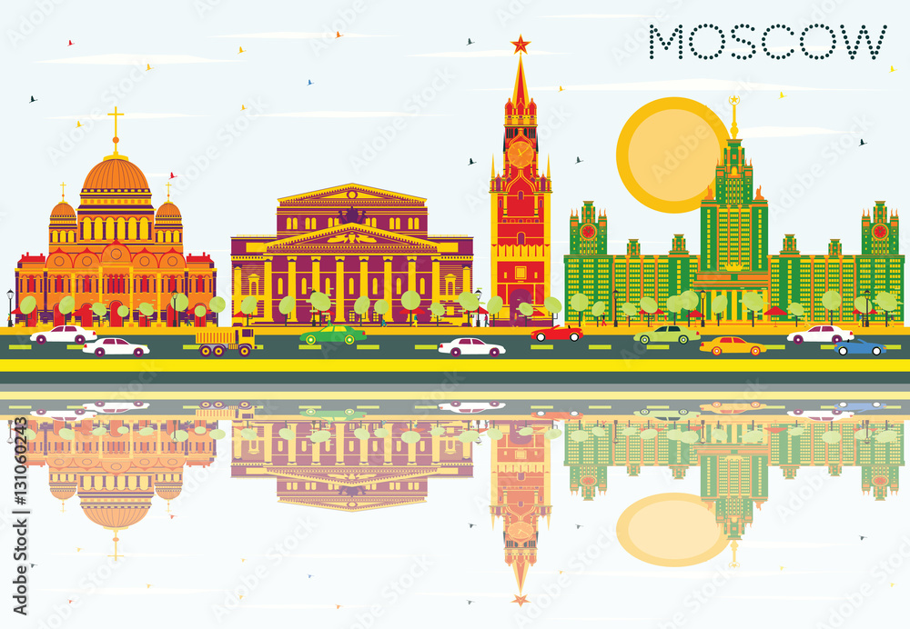 Fototapeta premium Moscow Skyline with Color Buildings, Blue Sky and Reflections.