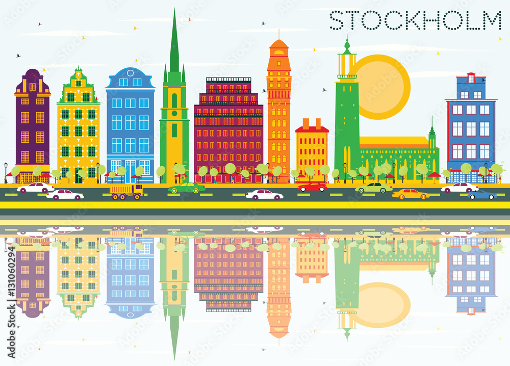 Stockholm Skyline with Color Buildings, Blue Sky and Reflections