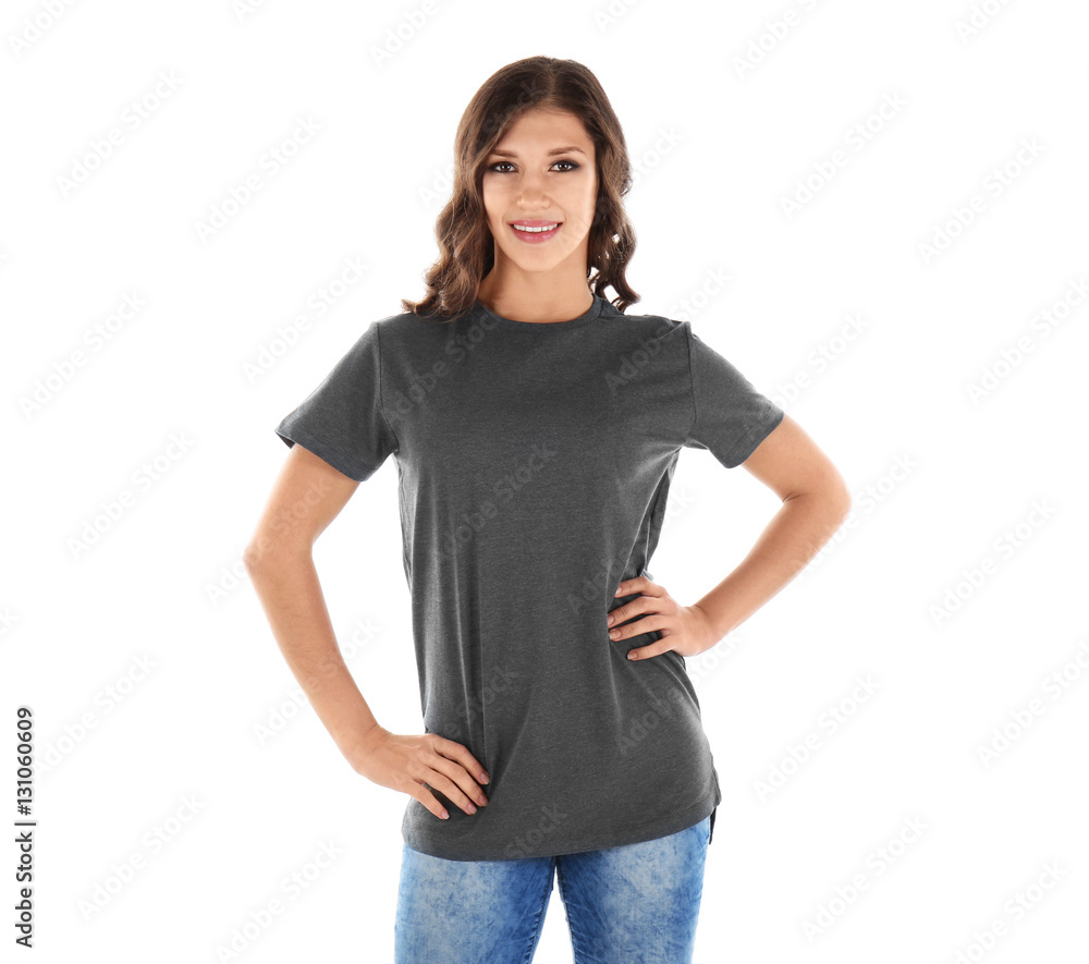 Young woman in blank grey t-shirt on white background Young woman in blank grey t-shirt on white background