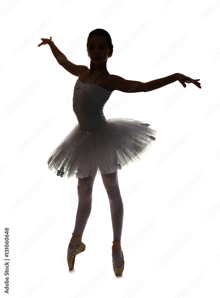Silhouette of young beautiful ballerina dancing on white background