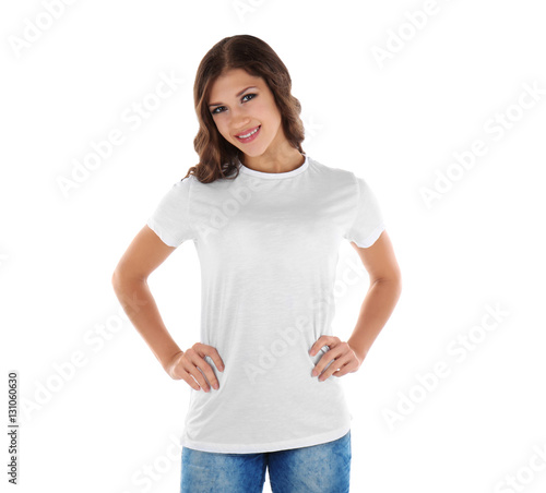 Young woman in blank t-shir...