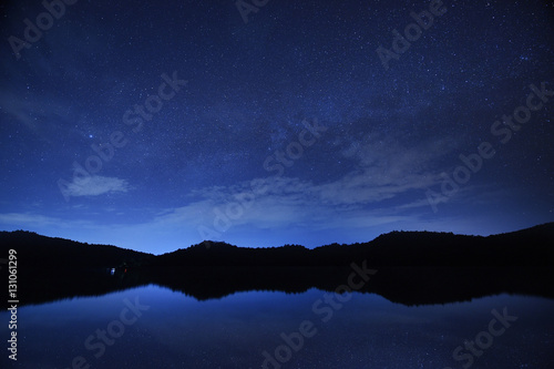 night sky stars with milky way on mountain background on dark blue sky