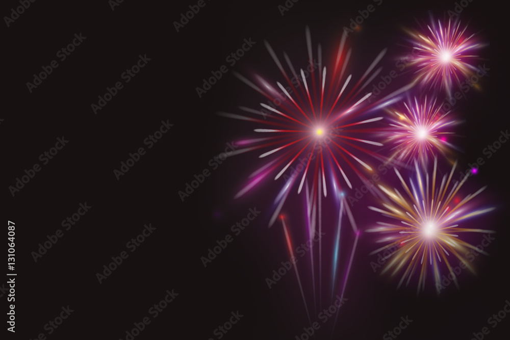 Illustration of Colorful fireworks on dark night background