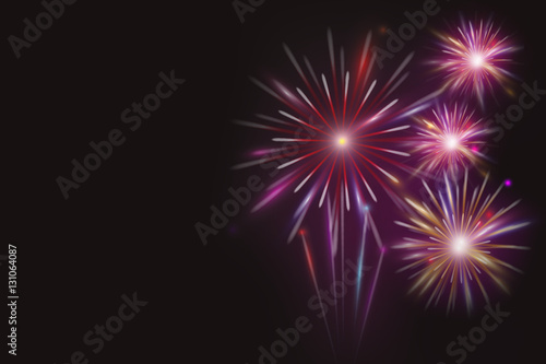 Illustration of Colorful fireworks on dark night background