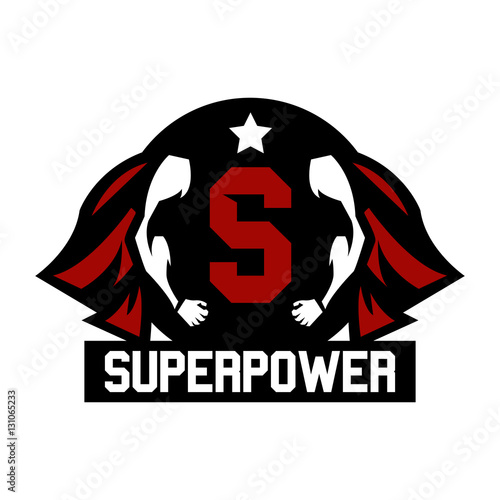 Logo superhero. Cloak superman. Muscular arms. Most of the letter in the middle. Star. Vector illustration. Flat style