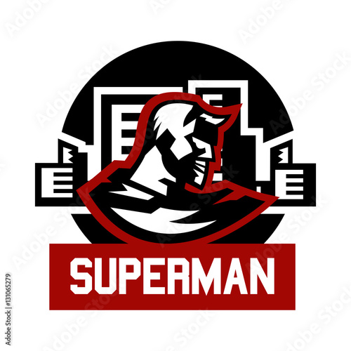 Logo superman. Superhero costume, cape, town. Vector illustration. Flat style