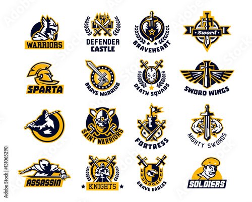 Set of logos on the sword and warrior. Viking, a knight, a Spartan soldier, killer, Paladin, a dagger. Castle, Tower, Fortress, flag. The heart, the eagle, the muscles, wings, wreath.