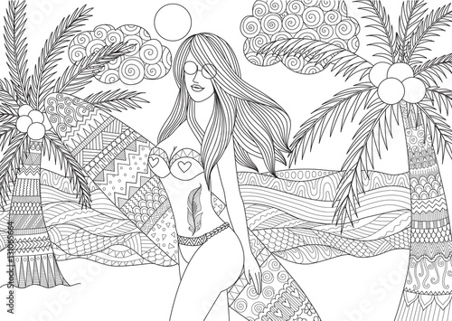 Zentangle design of sexy girl holding surfboard walking on the beach with wavy sea and coconut trees for adult coloring book pages