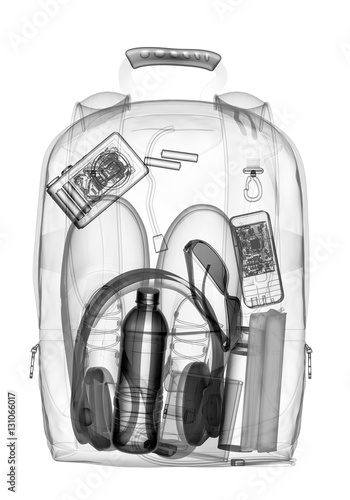 Backpacking under xray on security control. 3D illustration.