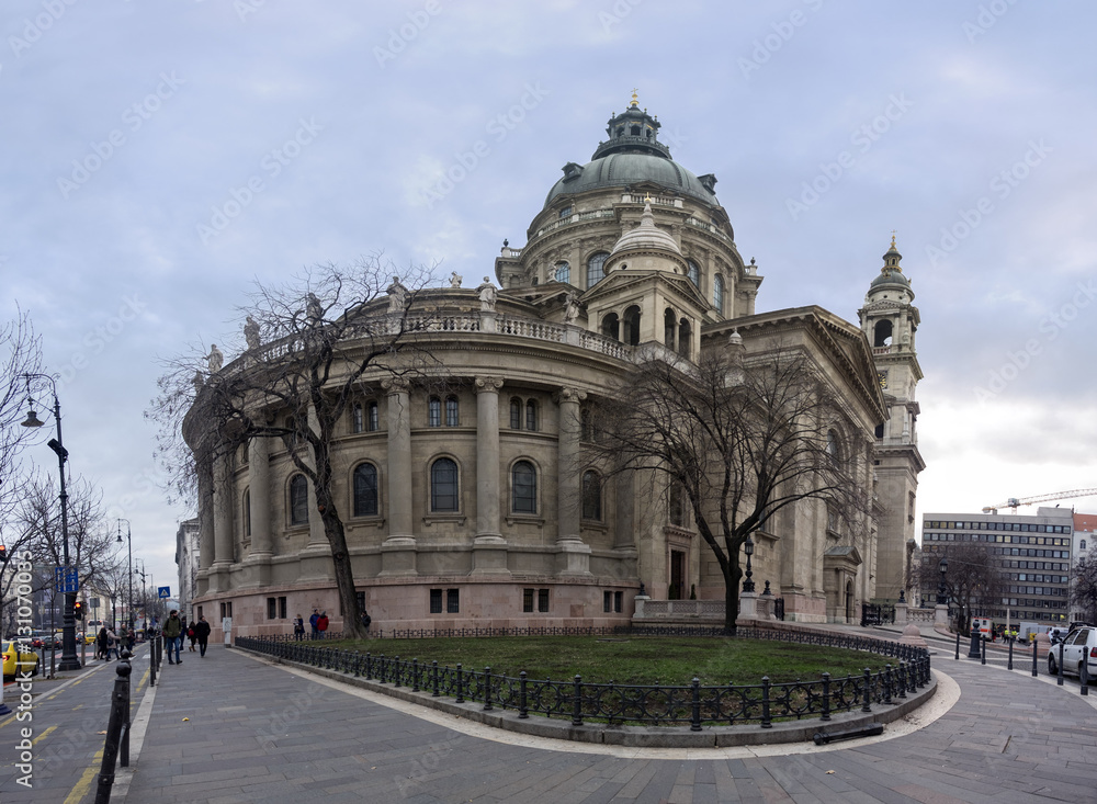 Large panoramic view of St. Stephen's Basilica in Budapest, Hungary
