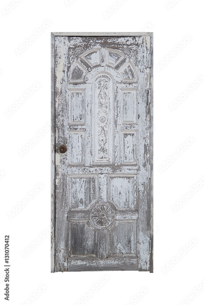 Old white door closed isolated on white with clipping path.