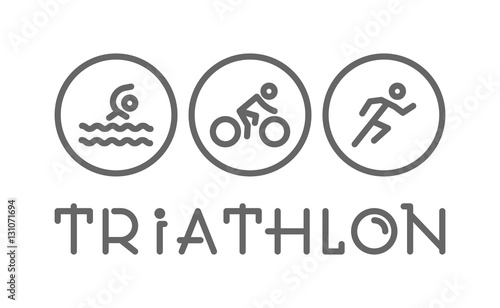 Line logo triathlon and figures triathletes on white background