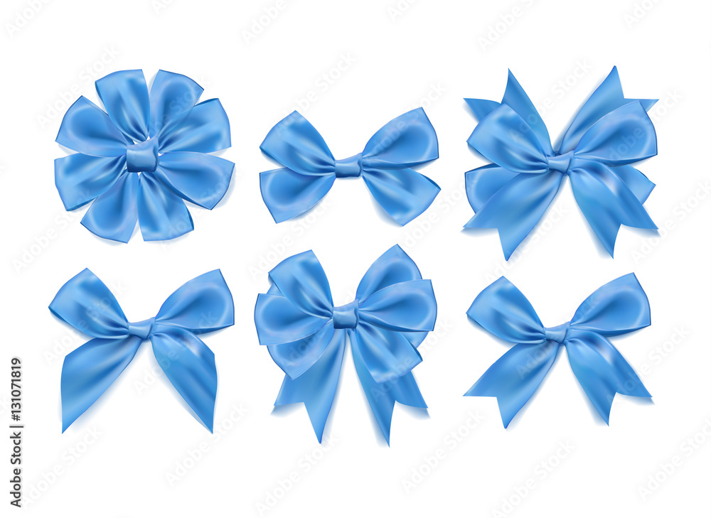 Vector 3d realistic ribbon shaped blue bows set. isolated background Vector 3d realistic ribbon shaped blue bows set. isolated background