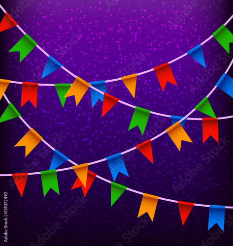 Garland of color flags and confetti on violet background. Multicolor bright festive vector illustration.