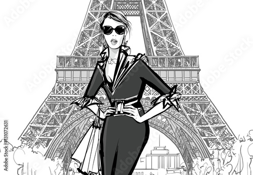Fashion model by Eiffel tower