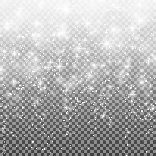 Falling snow on a transparent background. Vector illustration 10 EPS. Abstract white glitter snowflake background. Vector magic Christmas eve snowfall.