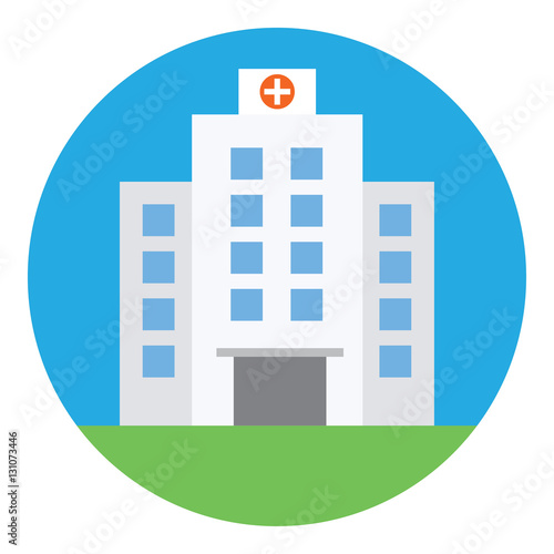 Hospital building, medical icon.