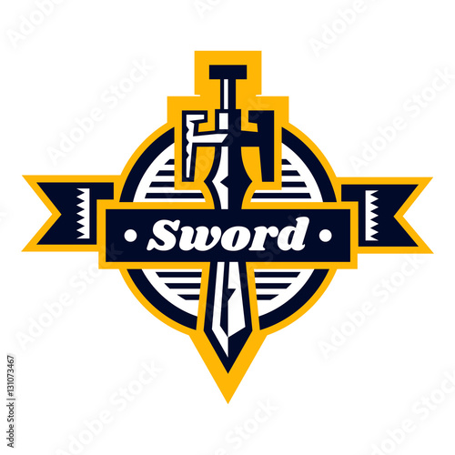 Sword logo located on the shield. Lettering on a ribbon. The emblem on the topic of the Middle Ages, war. Vector illustration. Flat style