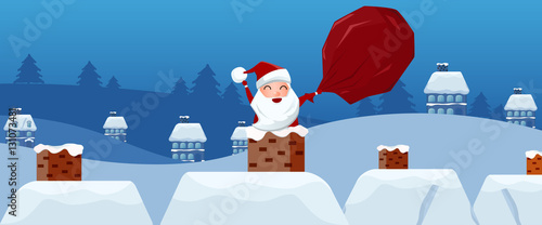 Merry christmas. Santa Claus in the chimney with gift bag in hand on the roof. Christmas and Happy new year banner. Cartoon Vector Illustration.