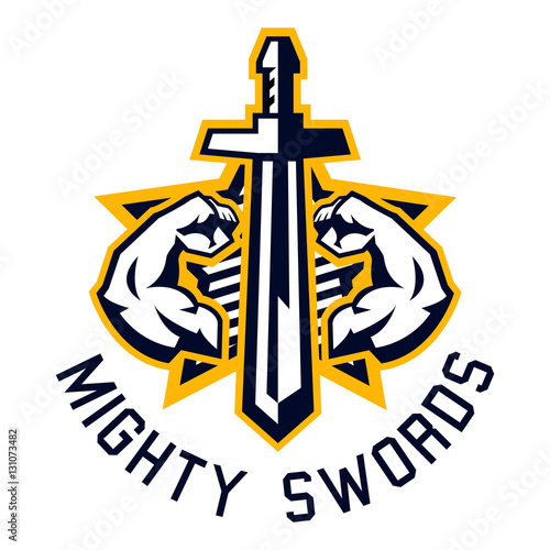 Logo mighty swords. Muscular arms, sport and fitness. Vector illustration. Flat style