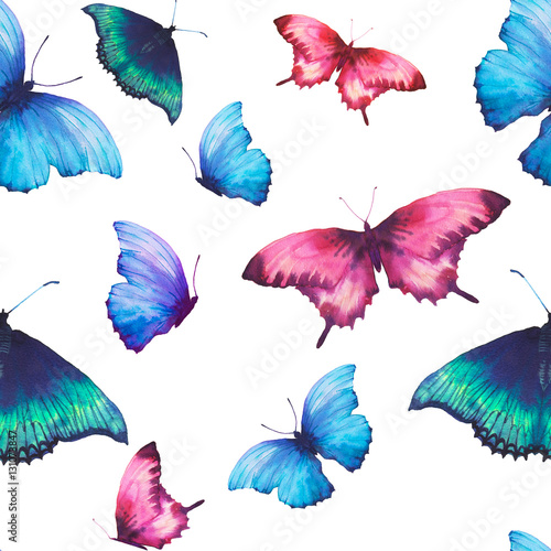 Watercolor butterfly seamless pattern. Hand drawn summer texture with various multicolor butterflies on white background. Repeating wallpaper design © ldinka