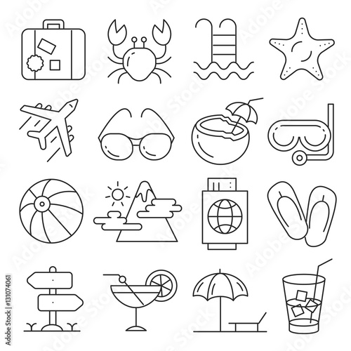 Vector icons lines set collection summer beach tour