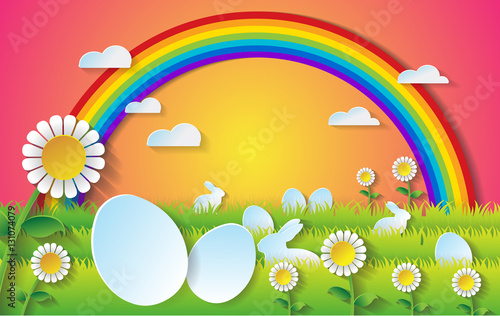 Easter with eggs and rabbit in grass .paper art style.