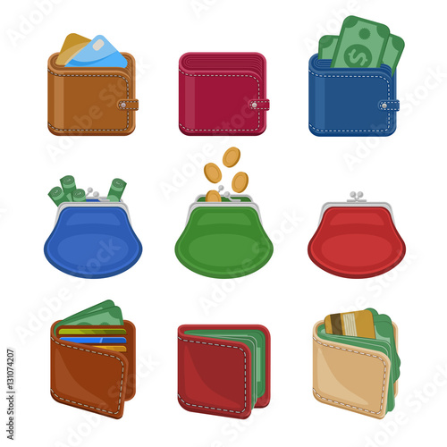 Collection of various open and closed purses and wallets with money, cash, gold coins, credit cards. Set of different business and finance symbols. Vector illustration isolated on a white background